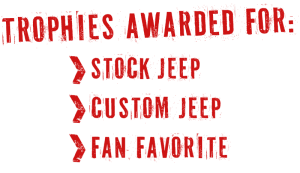 Trophies Awarded for: Stock Jeep, Custom Jeep, Fan Favorite